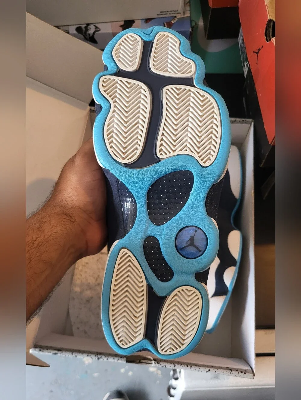 White and Navy Retro Basketball Sneakers with Teal Accents